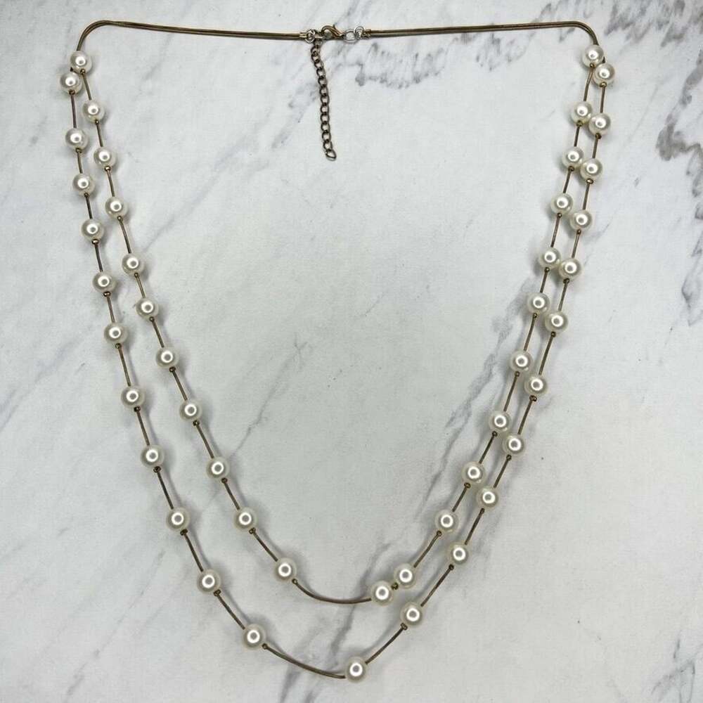 Faux Pearl Beaded Double Strand Gold Tone Necklace